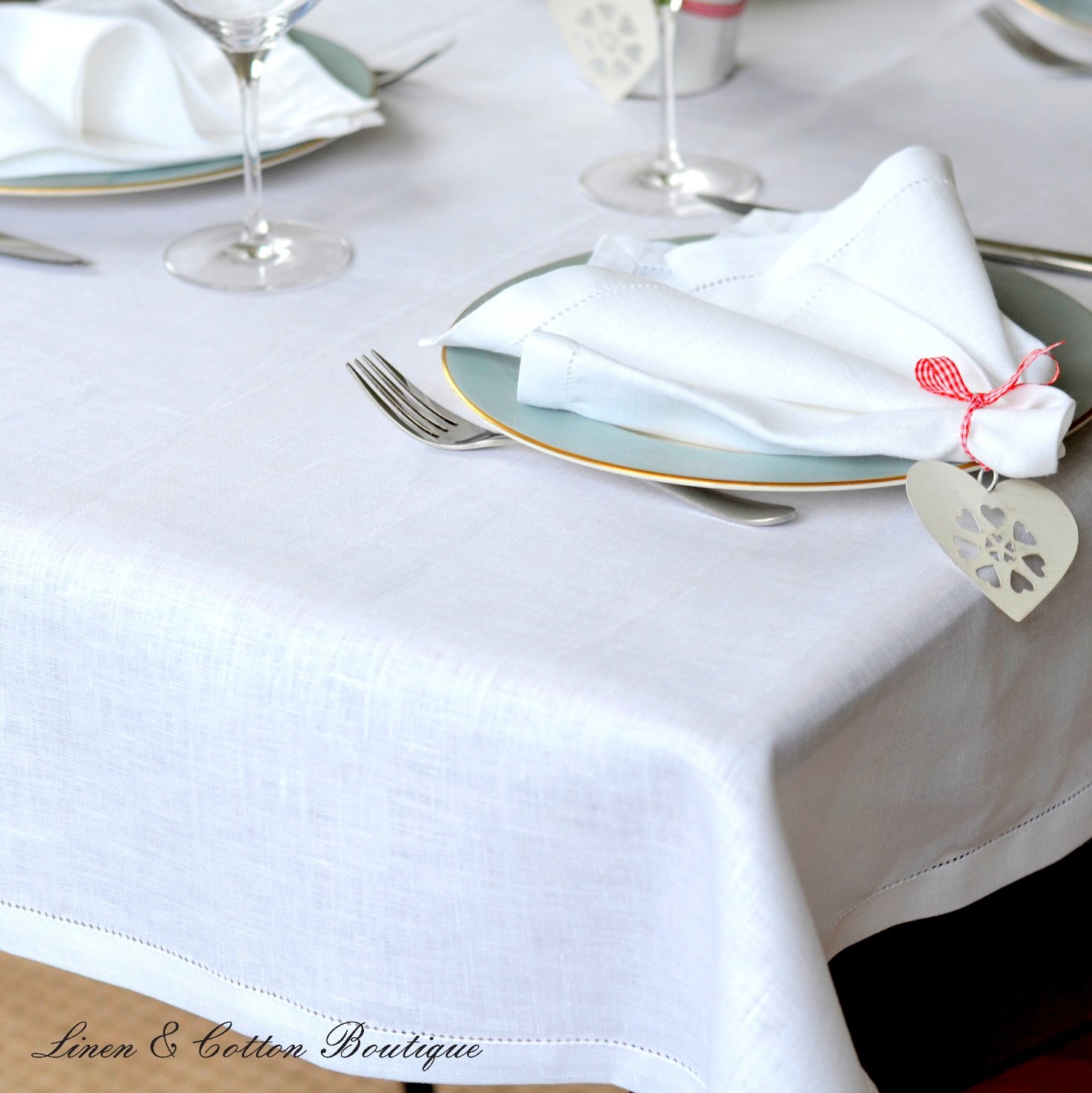 Linen & Cotton White Hemstiched Tablecloth FLORENCE, 100% Linen -143 x 143cm (57.2'' x 57.2'')