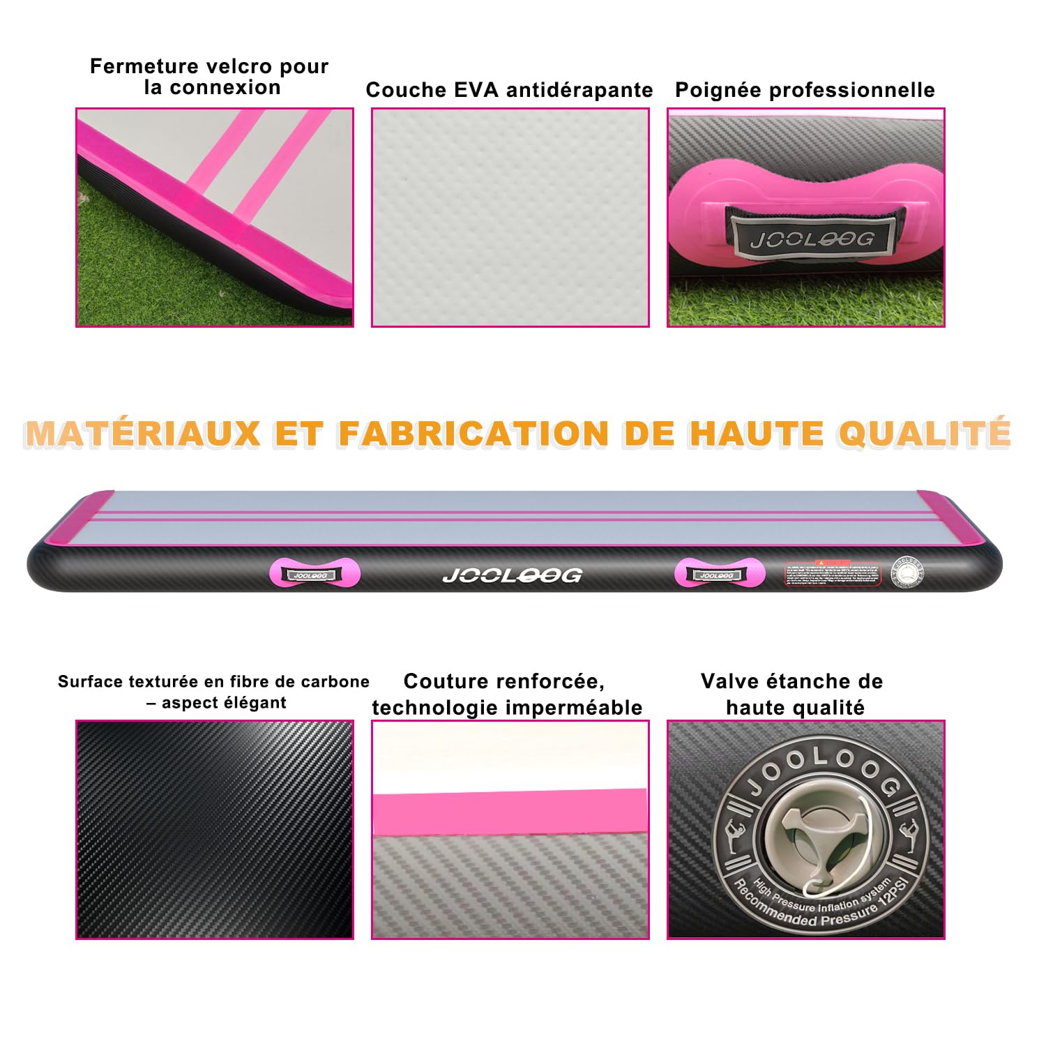 Tapis de gymnastique gonflable de 2 m, 2 m, 3 m, 4 m, 5 m, 6 m avec pompe à air électrique de 650 W pour tapis de culbute, tapis de 10.20 cm d'épaisseur pour usage domestique, plage, parc