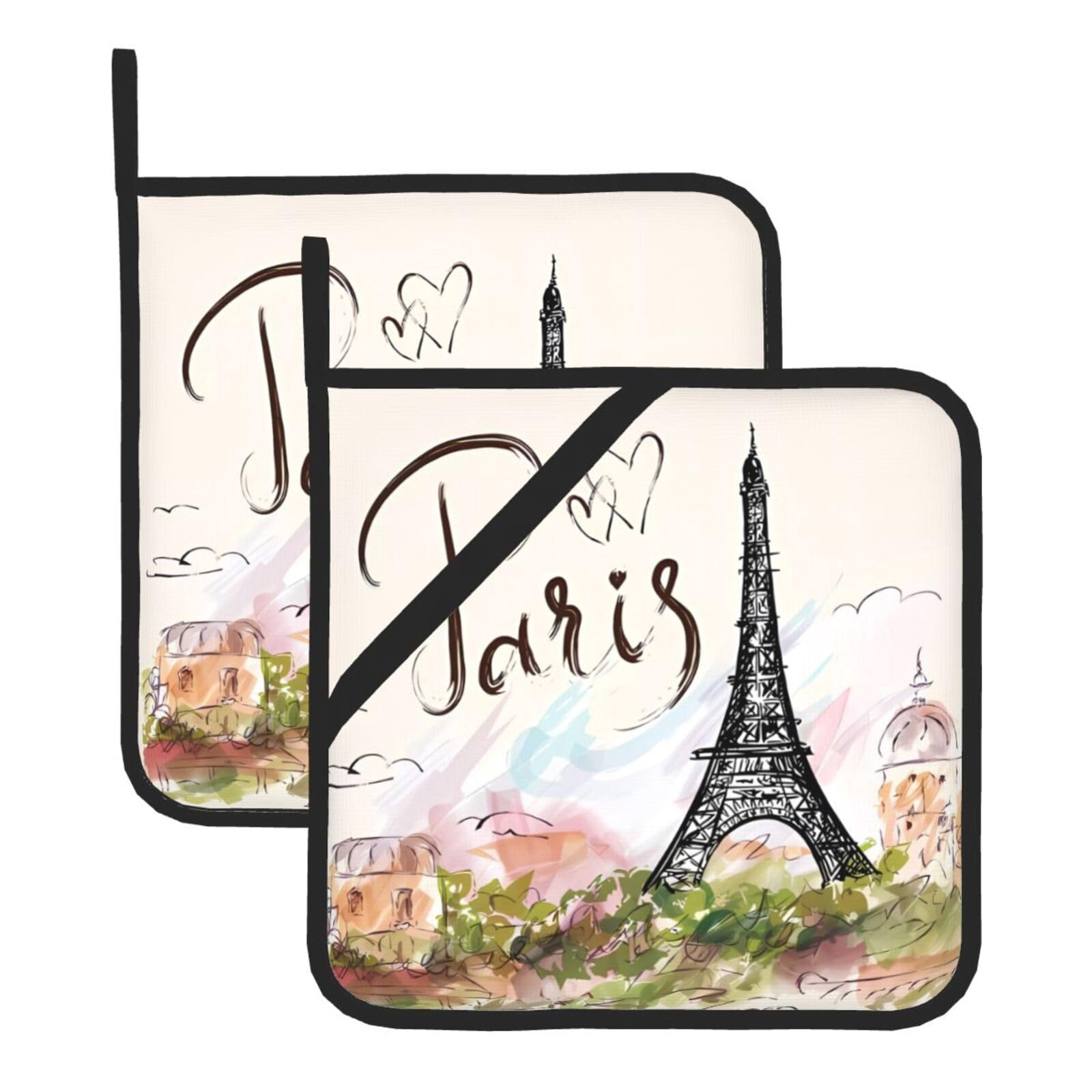 WHJSHOP Eiffel Tower Prints Square Pot Holders - Waterproof Heat Resistant Kitchen Throw Pads for Hot Bowls & Dishes, Durable Oven Mitt Layers with Hanging Loop - Set of 2