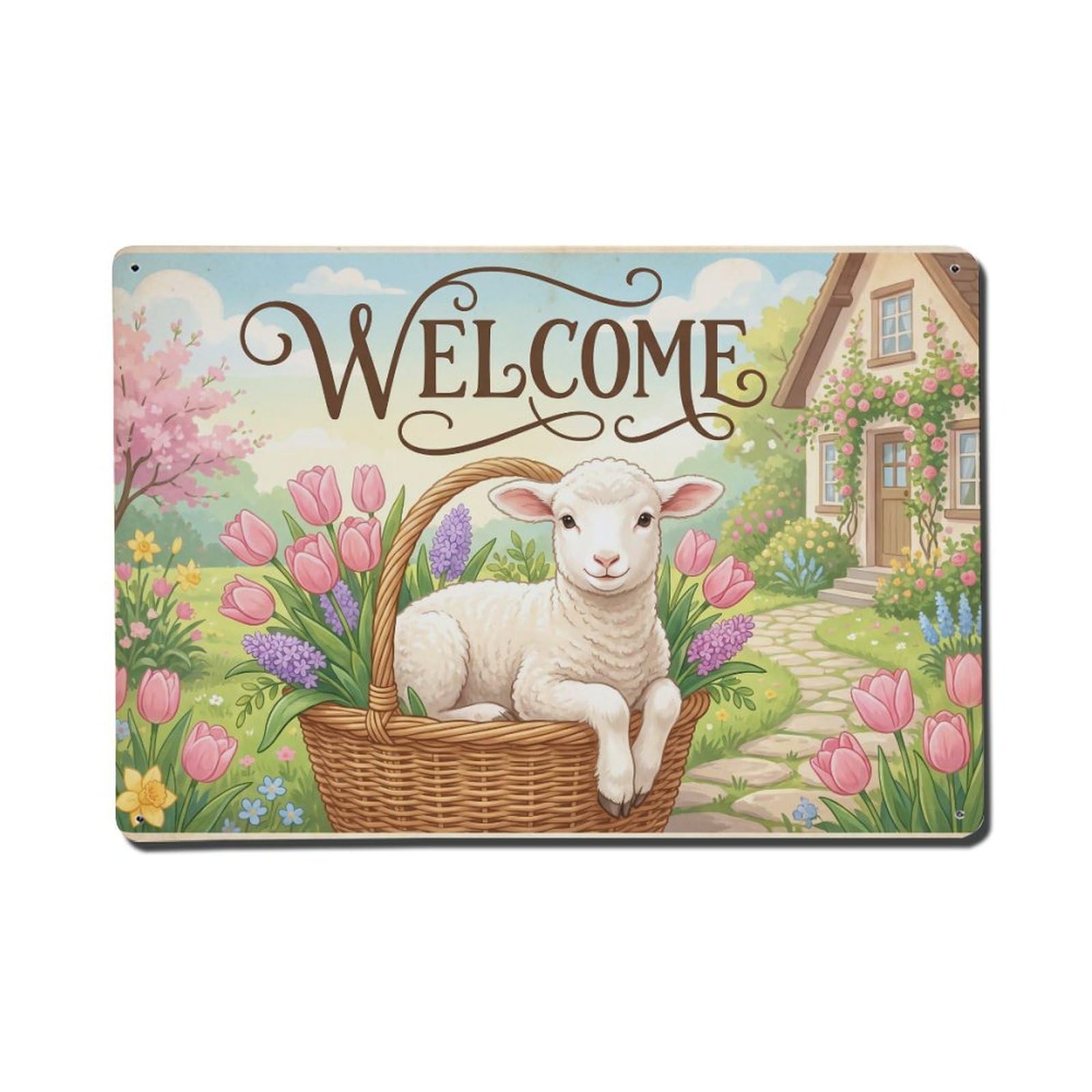 Vintage Welcome Lamb Cheerful Greetings Metal Tin Sign