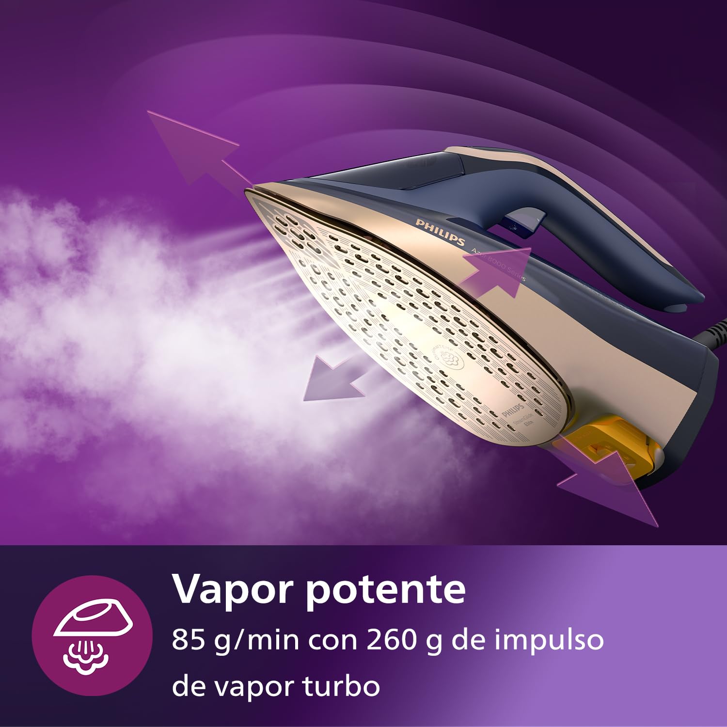 Philips Azur Serie 8000 Plancha De Vapor - 85 g/min De Vapor Continuo, 260 g De Impulso De Vapor Turbo, 3000 W, Tecnología OptimalTEMP, Suela SteamGlide Elite, Azul Oscuro (DST8050/20) | Depósito de 350 ml, sistema antical integrado, tecnología OptimalTem