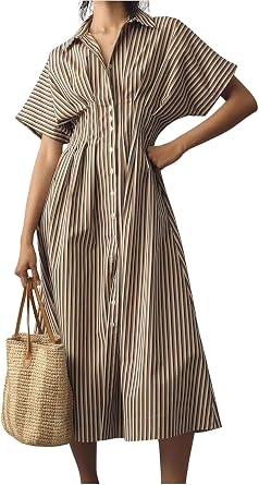 ebossy Womens Striped Shirt Dress Short Sleeve Contrast Color Ruched Flowy Mid Long Tunic Dress with Pockets