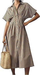 ebossy Women's Striped Shirt Dress Short Sleeve Contrast Color Ruched Flowy Mid Long Tunic Dress with Pockets