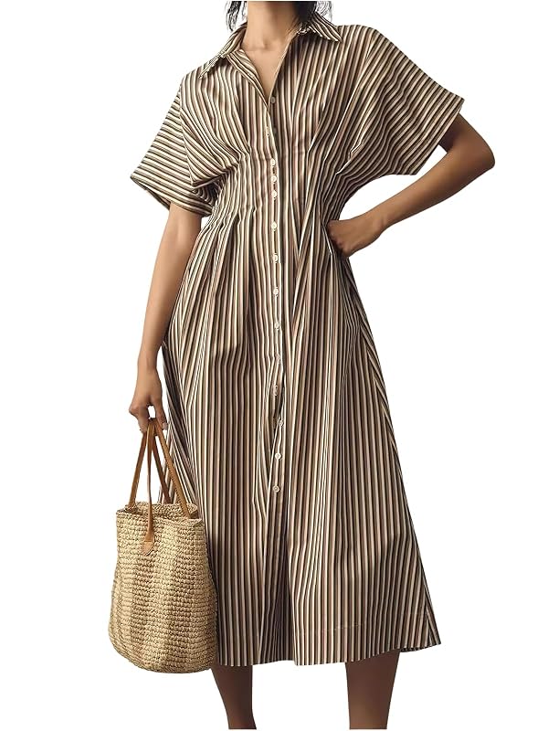ebossy Women's Striped Shirt Dress Short Sleeve Contrast Color Ruched Flowy Mid Long Tunic Dress with Pockets (M, Brown) by ebossy - Used condition - US$30.94