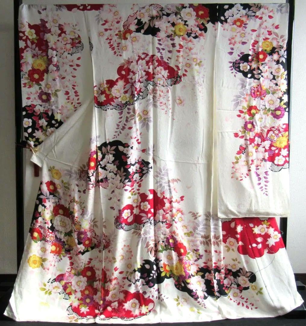 古典柄 お振袖 白地系 絹100％（未仕立て品）仮絵羽 振袖