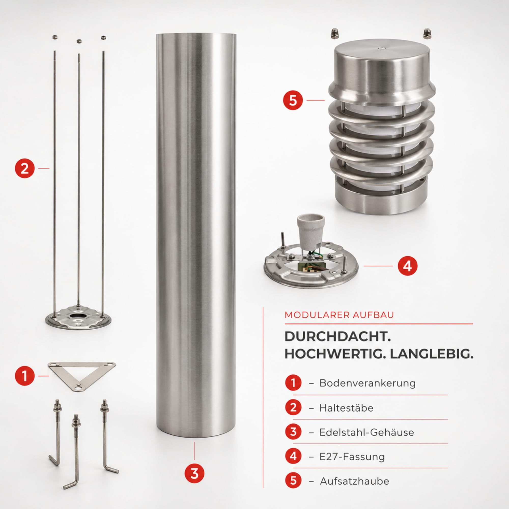 Maxkomfort Außenstandleuchte GERDA – 100cm Edelstahl E27 Outdoor Wegeleuchte – IP44 Wetterfest, Standleuchte für Garten & Einfahrt, exkl. Leuchtmittel