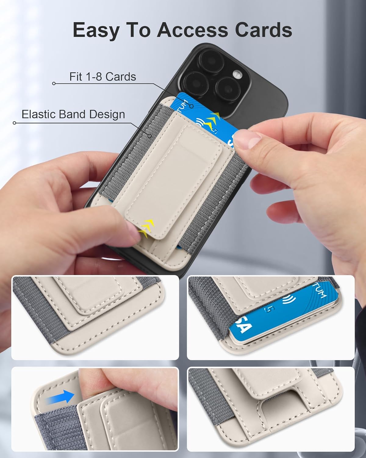 Phone Wallet for iPhone 16/15/14/13/12 Series, Ultra-Slim Magnetic Phone Wallet Stand with Self-Adhesive Iron Ring, Holds 1-8 Cards, Vegan Leather (Grayish White)