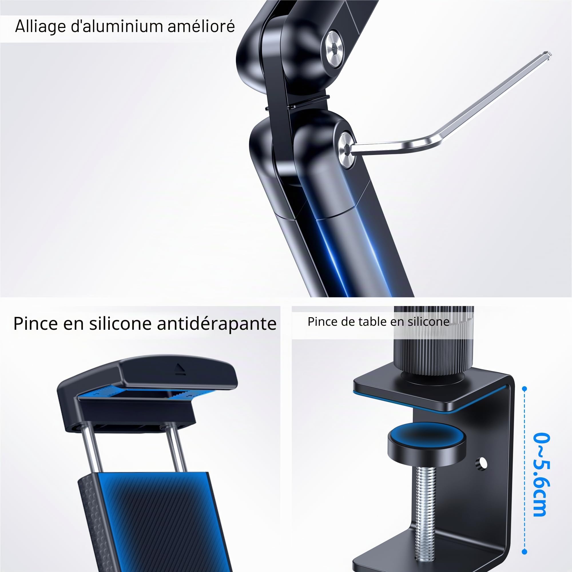 CreaDream Support Tablette Extensible Aluminium Bras Aluminium 360° Rotatif Base