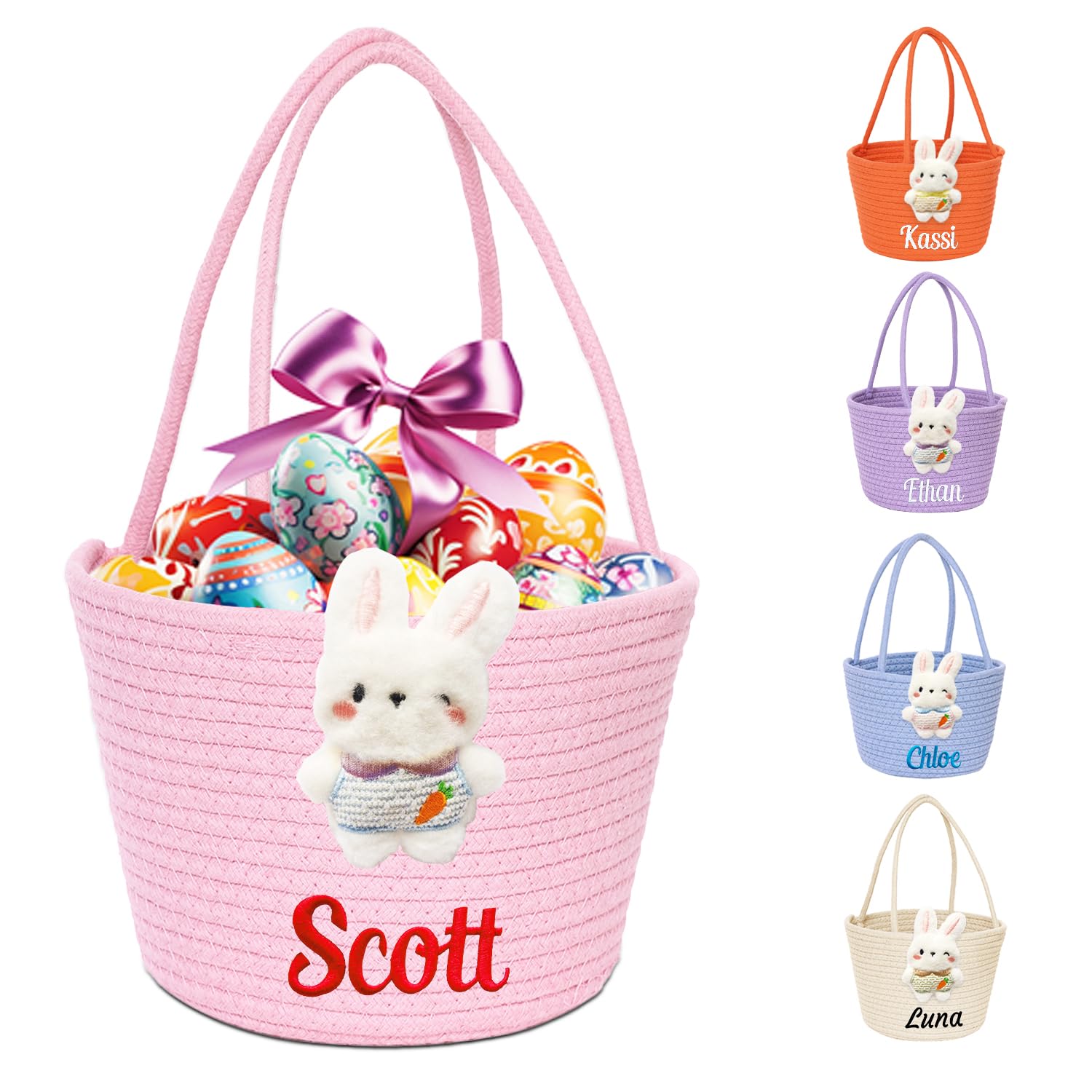 Ulico Personalized Easter Baskets for Kids, Custom Easter Bunny Basket with Embroidered Name, Easter Egg Hunt Basket,Cute Rabbit Buckets , Easter