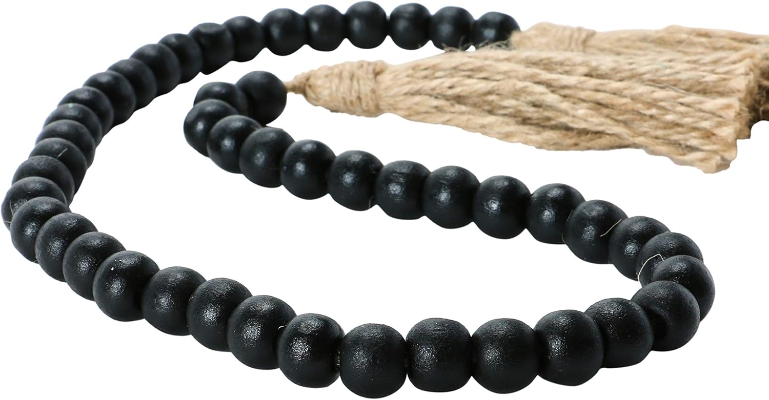 Creative Co-Op Wood Bead Garland with Jute Tassels, Black