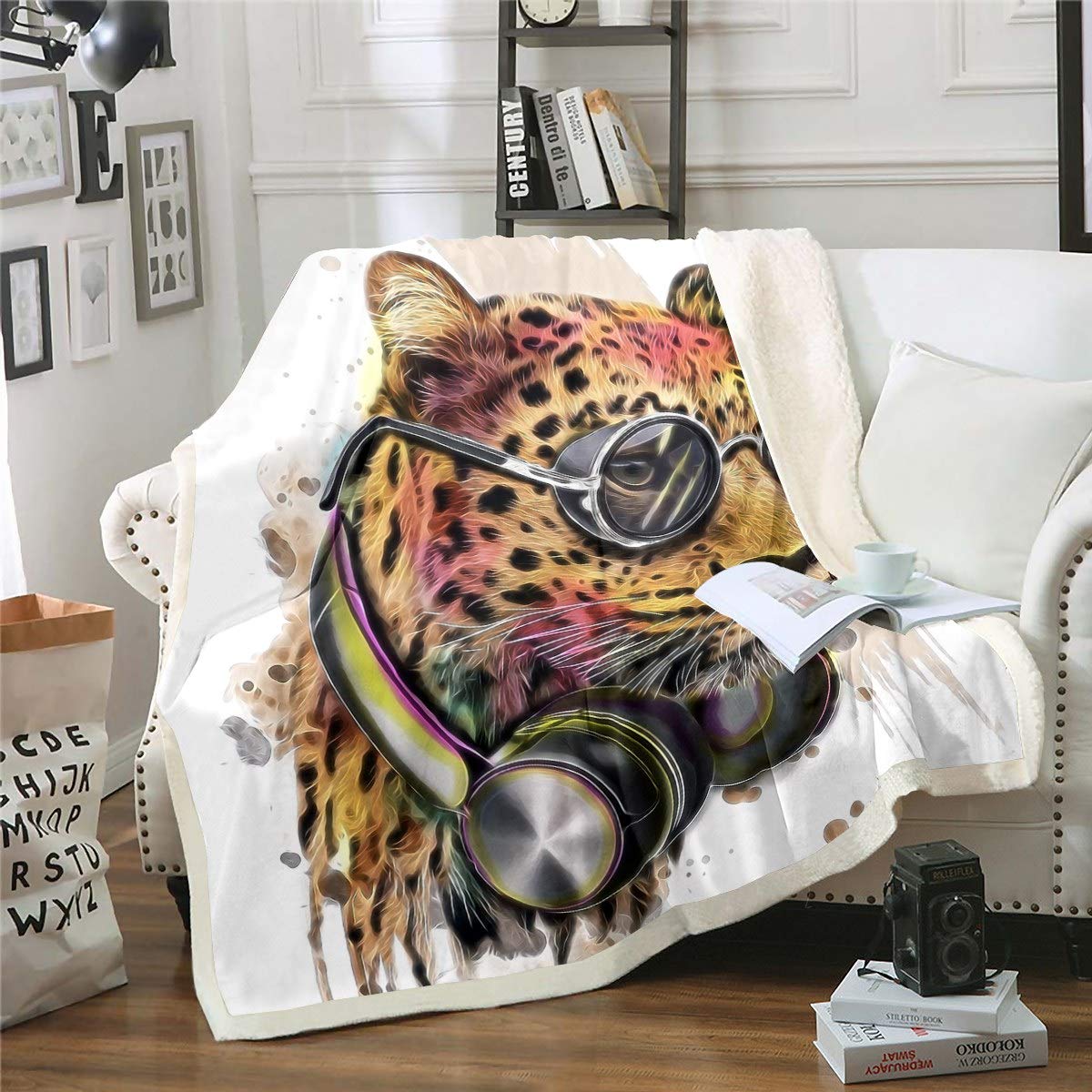 Loussiesd Cheetah Sherpa Blanket Watercolor Cheetah Print Fleece Throw Blanket for Kids Boys Leopard With Headset Glasses Animal Theme for Sofa Bed Couch King 87x94 Inch