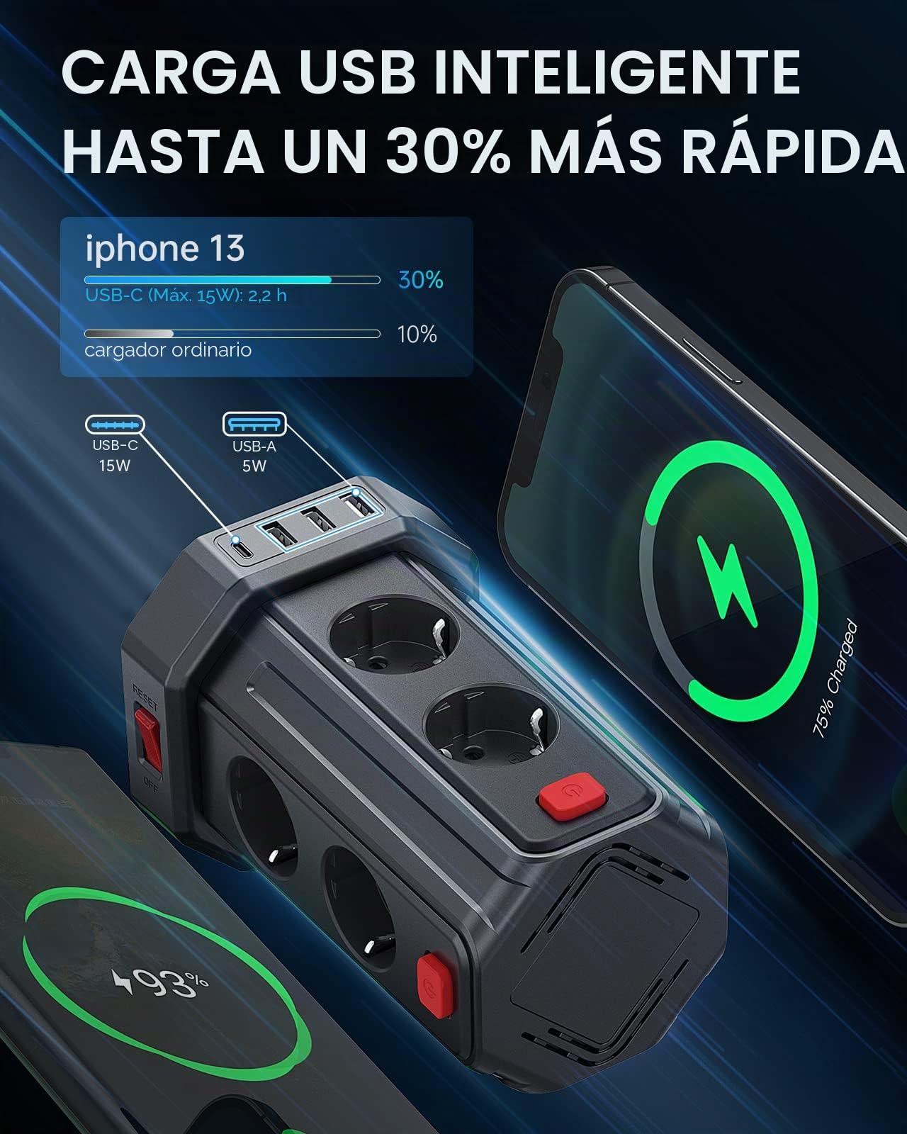 Torre Regletas Enchufes con Cable 3M, Regleta USB 8 Tomas de AC Corrientes y 4 USB, 2500W/10A, Regreltas Vertical con Interruptor para Mesa, Oficia, Casa…
