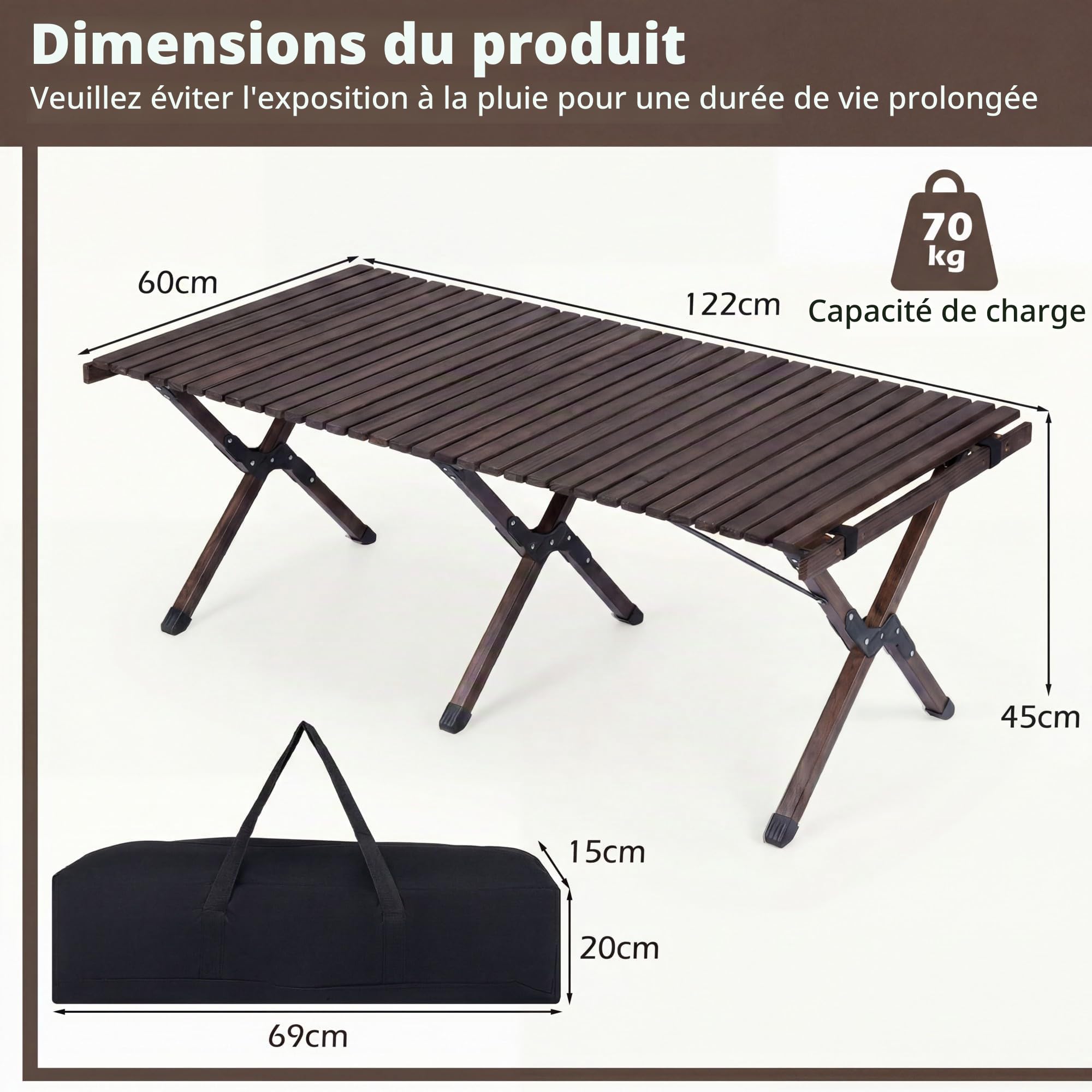 HOMASIS Table Pliante 4-6 Personnes en Bois de Pin, Table Pique Nique Enroulable Portable avec Sac de Transport&Cadre en X, pour Camping, Barbecue, Fête, Jardin, Charge 70kg, 122x60x45cm (Café)