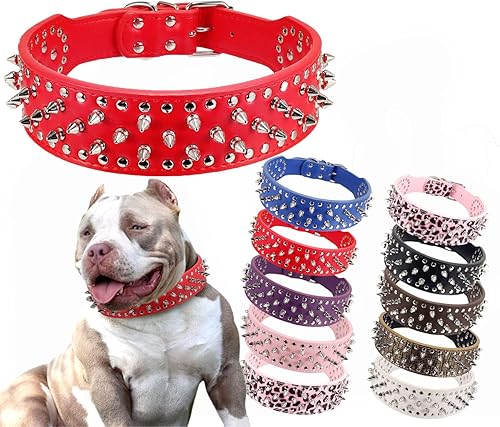 Miniatura 7 de PU - Collar para perro de piel sintética ajustable de 2.0 in, tachonado con clavos, Rosado