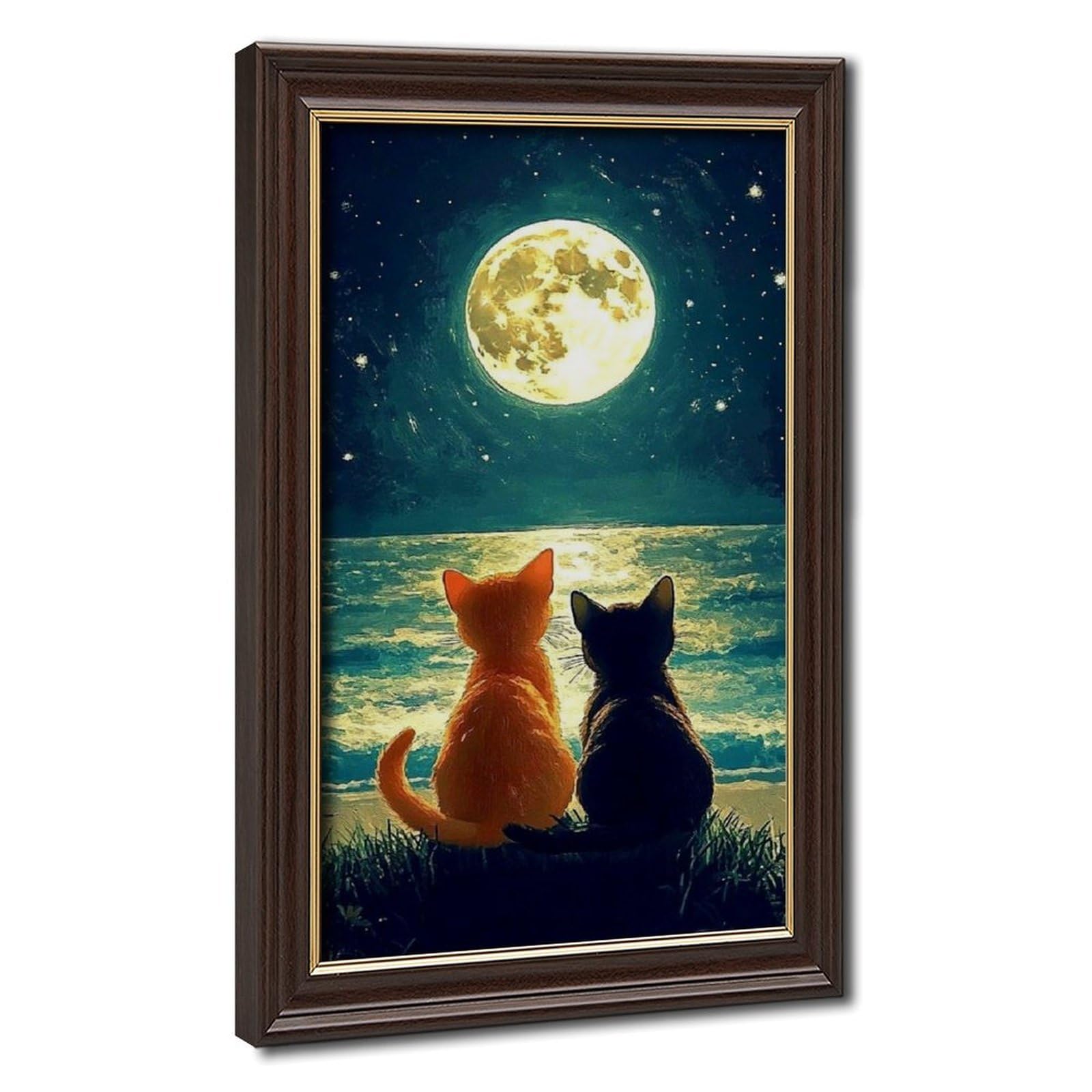 Bareronor Two Cats on The Moon Canvas Poster Bedroom Decor Landscape Office Room Decor Gift 24" L X 36" W