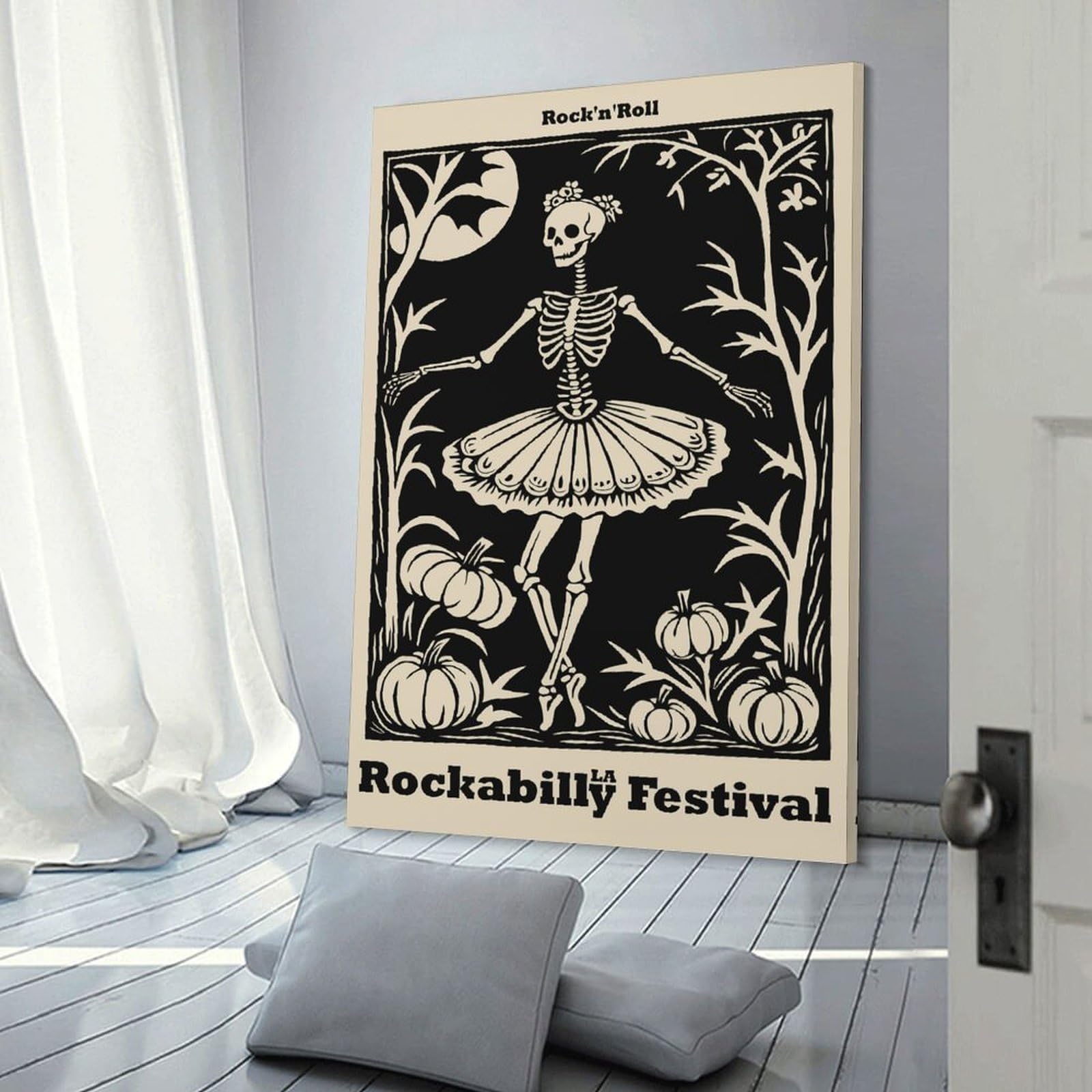 Junmoney Rockabilly Festival Skeleton Ballerina Canvas Wall Picture 24x36inch(60x90cm), for Study, Office Or Focused Interiors, Home Office Artwork with Decorative Appeal