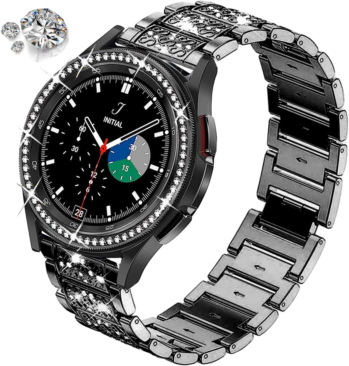 Bands Compatible with Samsung Galaxy Watch 4 Classic (46mm), 20mm Luxury Rhinestone Diamond Metal Steel Bracelet with Watch Face Bezel Ring Case Cover Replacement for Women Men (Black) - Image 2