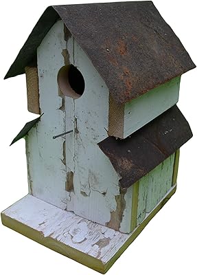 Amish Handcrafted One-hole - Two Roof Tin Barnwood Bird House. Birdhouse Is Crafted From Reclaimed Barnwood and Original Vintage Barn Tin Roof. A Cozy Resting Place for Your Feathered Friends.