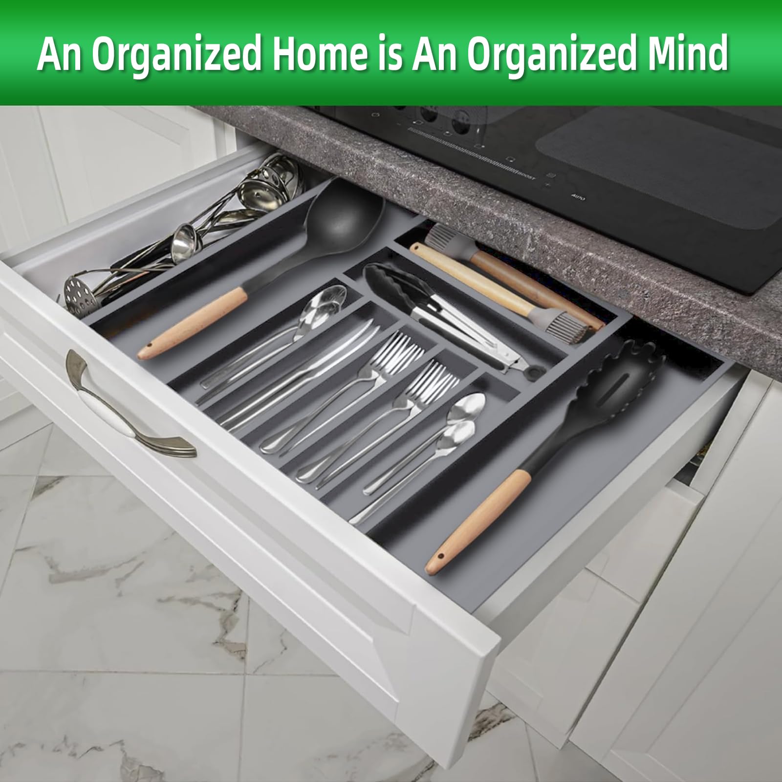 Besilord Besteck-Organizer, Küchenschublade, Organizer, Utensilien-Organizer, Bambus, Besteck-Organizer in Schublade, Besteck-Organizer (9 Fächer, Grau