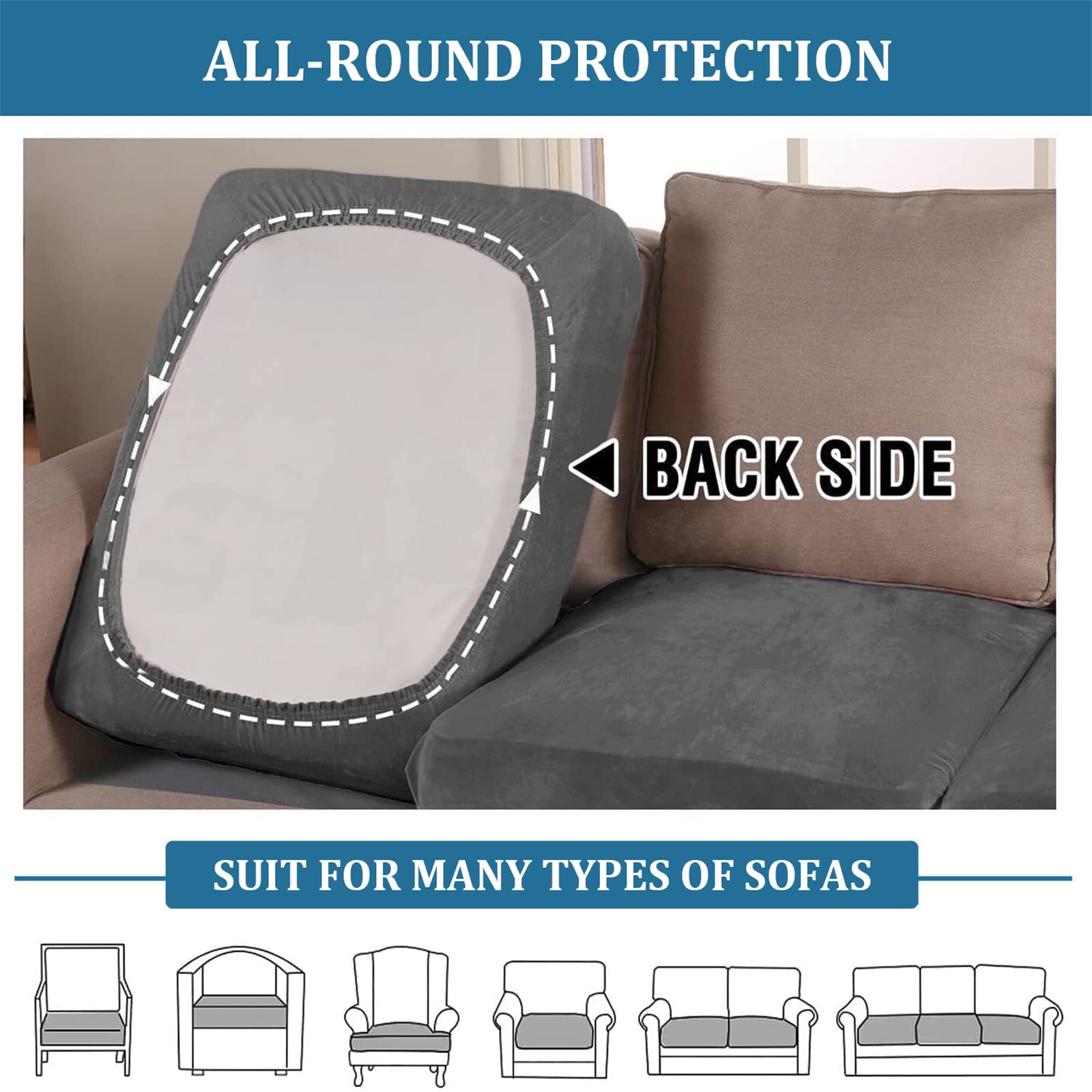 BXFUL Sofa Zitkussen hoezen, Sofa Kussenhoezen, Stretch Fluweel, Bank Kussenhoezen Vervanging voor individueel kussen met elastische stof (1-zits, grijs