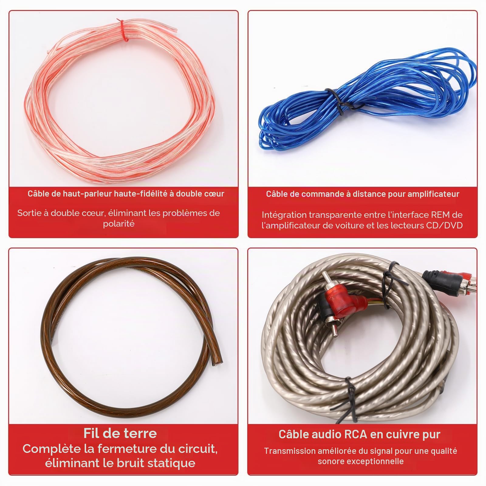 Kit de Câblage Amplificateur, 4GA Amplificateur Haut Parleur Voiture Câble Alimentation Ampli Voiture Câble pour Caisson de Basses, Câblage Amplificateur de Voiture pour La Plupart des Voitures