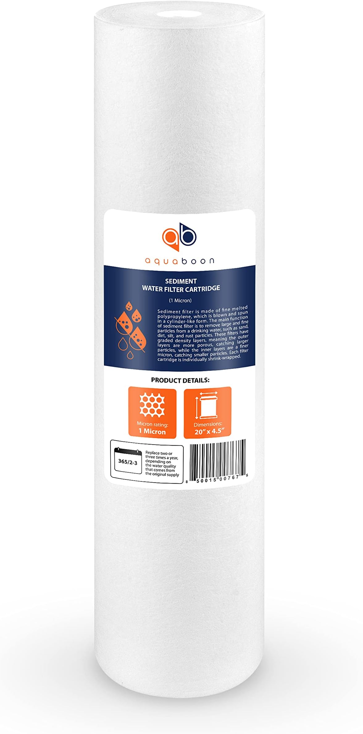 Aquaboon 1 Micron Sediment Filter - 20 x 4.5 Whole House Water Filter Replacement Cartridge - 20 inch Water Filter Compatible with House Water Filters Cartridges - DGD-5005-20, FP25B, AP810-2, 1-Pack