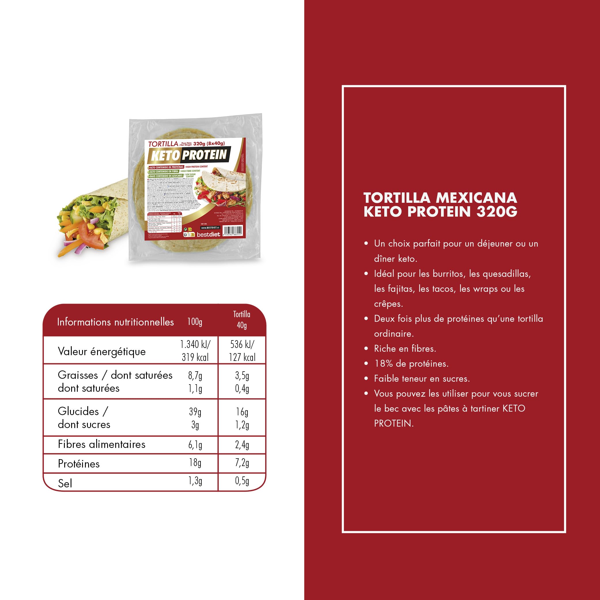 BestDiet Keto Protein Tortillas de blé -35% glucides, 22% protéines, 3 paquets 8 tortillas mexicaines 320g