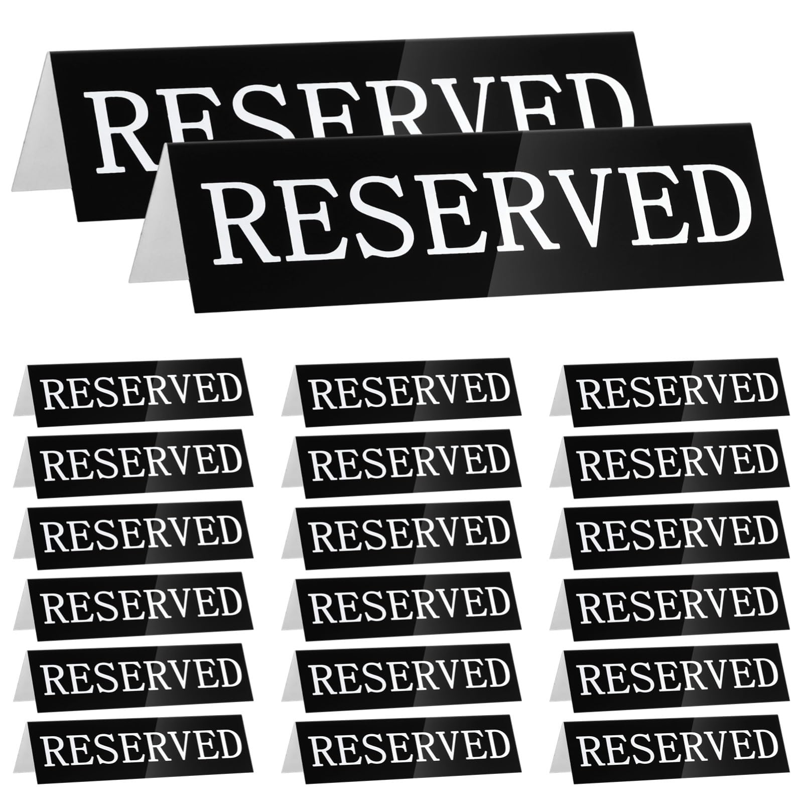 24 letreros de mesa reservados de metal, soportes de tienda de campaña de doble cara, letreros de escritorio reservados para bodas, fiestas, ceremonias, eventos, aleación de aluminio negro, 5.9 x 1.6