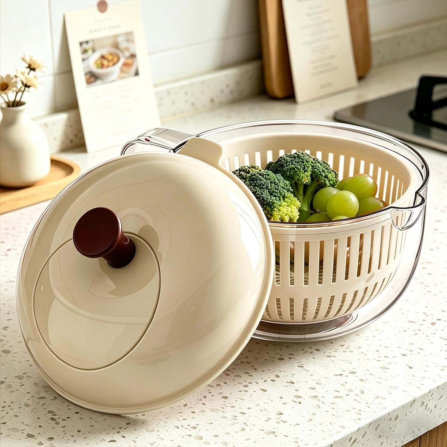 Fruit and Vegetable Washer Bowl, Manual Use, 21x17cm, Hand-Crank Crank Salad Spinner with Strainer Basket, Fruit Cleaner Colander with Handle, Time-Saving Tool, for Any Kitchen