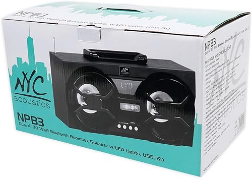 Miniatura 9 de NYC Acoustics NPB3 Dual 4 "Altavoz Bluetooth Boombox portátil+USBSDLED+Remoto, Negro