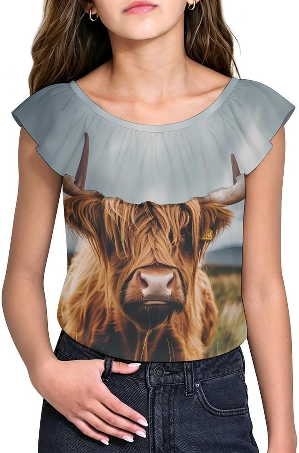 Scottish Highland Cow Animal Girls T-Shirts Top Ruffle Short Sleeve Blouse Casual Graphic Tees
