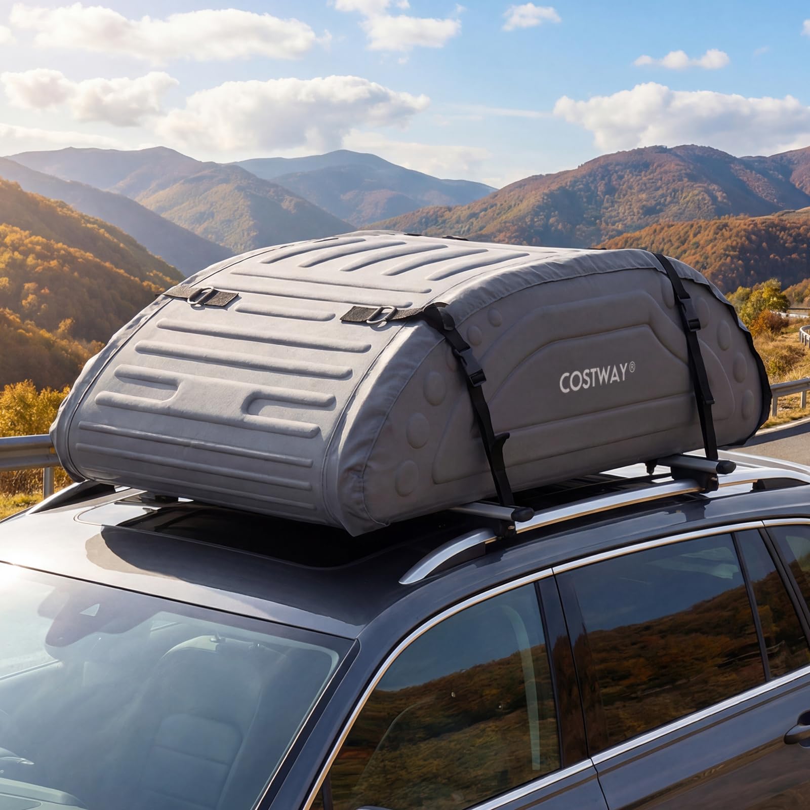 COSTWAY Borsa da Tetto per Auto Impermeabile 14Cu.Ft/400L, Box Tetto Universale Pieghevole con Borsa+ 4 Cinghie Rinforze+ 4 Ganci, Portabagagli per Tutti i Veicoli con/senza Barre Portapacchi (Grigio)