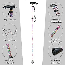 CLOKTA Folding Cane, 5-Level Adjustable Height Lightweight Portable Foldable Walking Canes with Wrist Strap and T Handle for Men Women Seniors (Big Pink Flowers)
