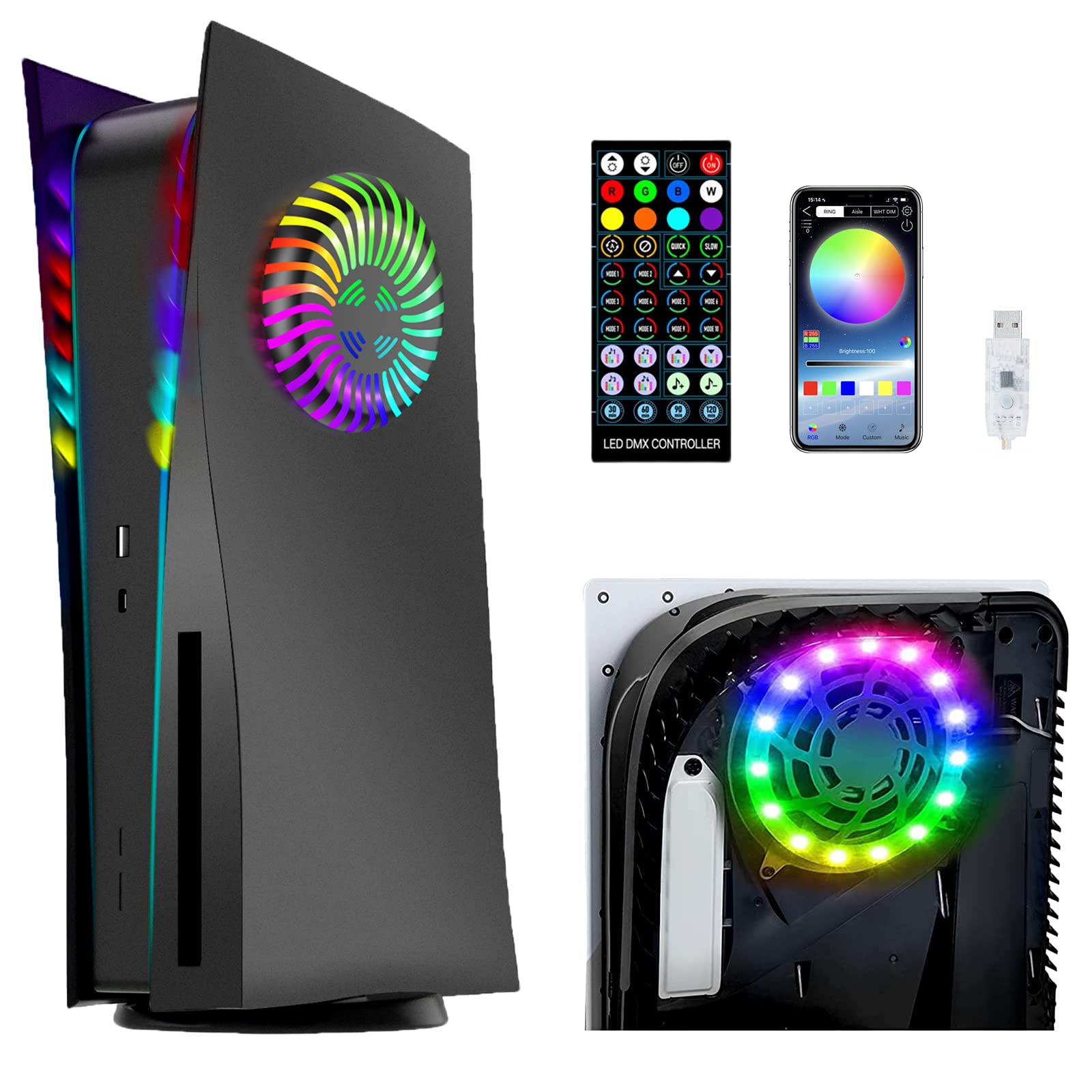 arVin Funda para consola PS5 con tiras de luz LED RGB, carcasa rígida a prueba de golpes con ranuras de aire de refrigeración, sincronización de música, 8 colores, 400 efectos (mando a distancia