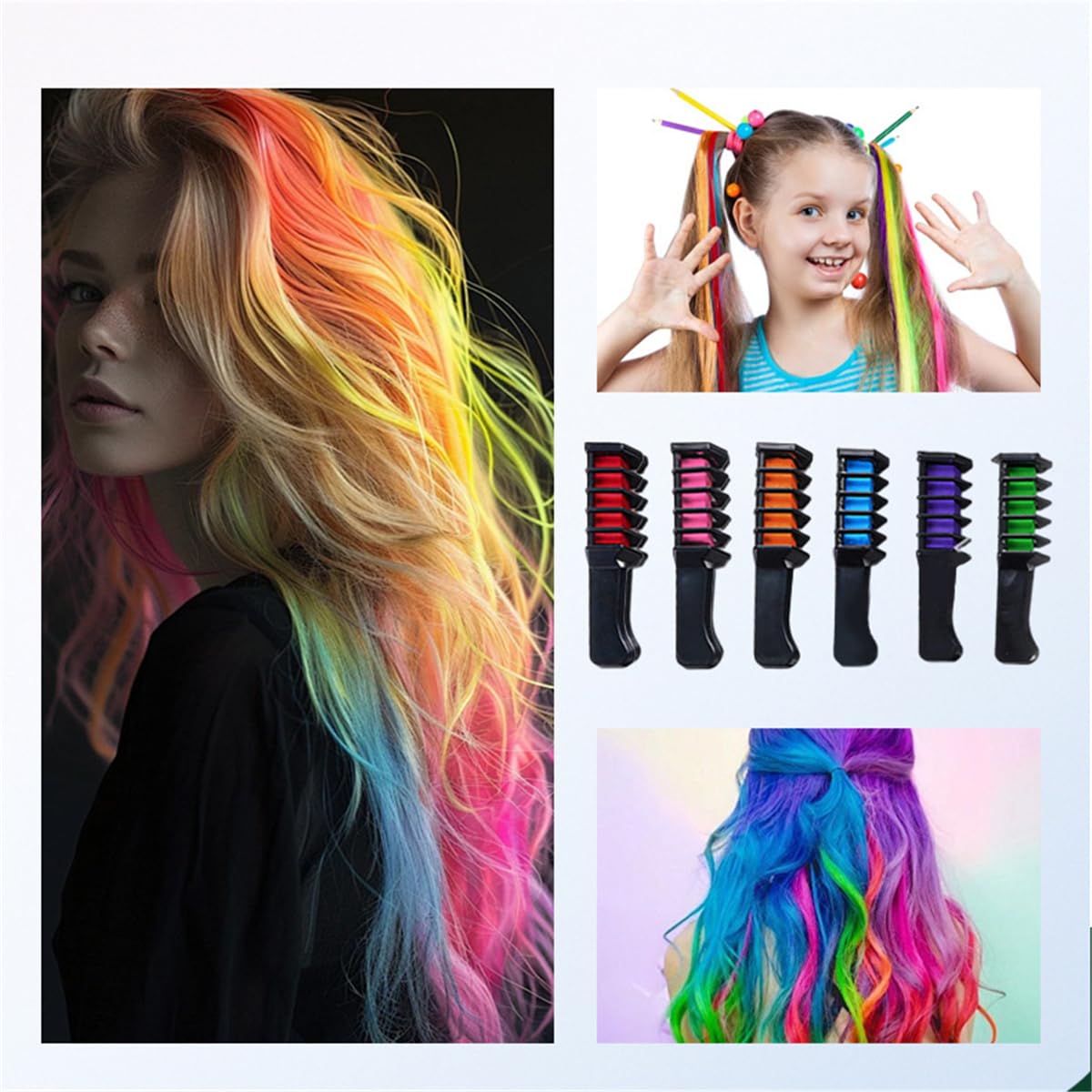 Temporary Hair Chalk Comb Set, 6 Colors, Fine Texture, Easy to Blend, Natural Even Color Payoff