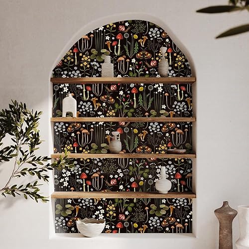 Miniatura 6 de Papel tapiz bohemio negro para despegar y pegar, papel de contacto floral de hongos, caracoles, mariposas, papel tapiz extraíble, de vinilo