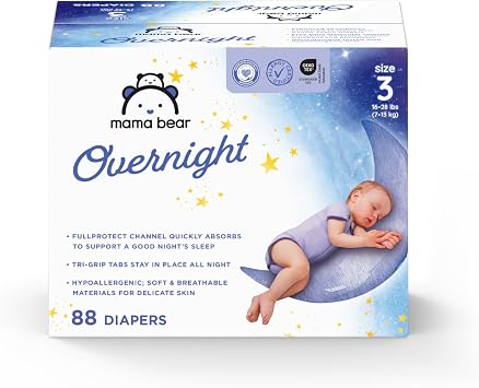 Amazon Brand - Mama Bear Overnight Baby Diapers with Leak Protection, Fragrance-Free, Size 3, 88 Count
