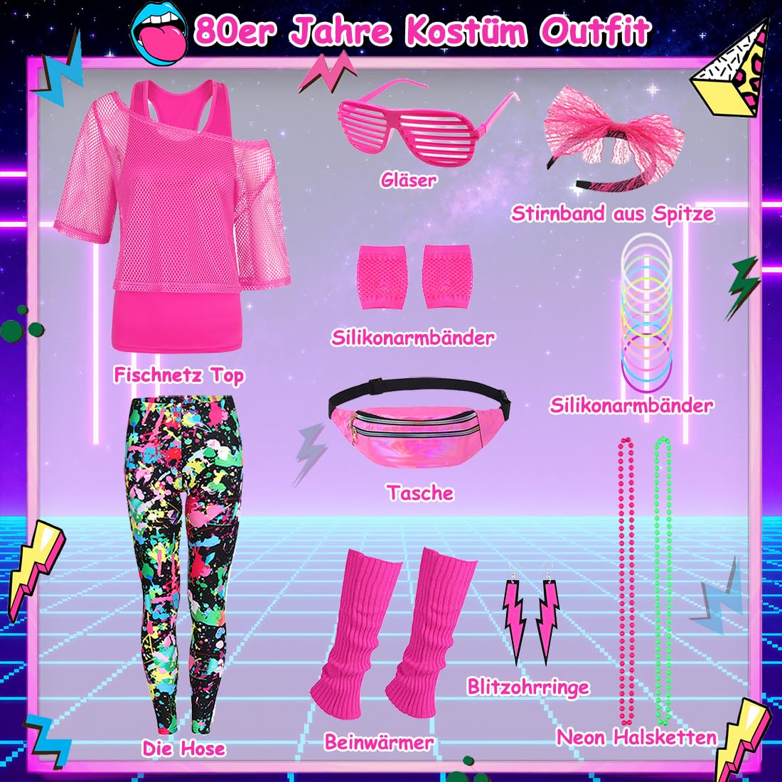 FOVER 80er 90er Jahre Outfit Damen Netzshirt, Tank top, Leggins, Netzhandschuhe, Bauchtasche, Haarband, Ohrring, Armband, Halskette, 80iger Kostüm Zubehör Neon Kleidung 80s Aerobic Bad Taste Outfit