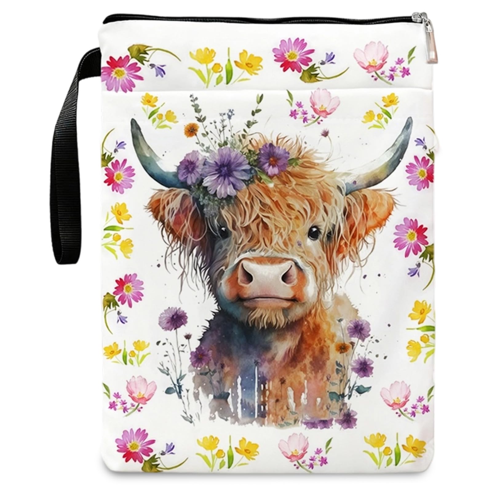 Highland Cow Book Sleeve, Waterproof Book Covers with Zipper and Front Pocket, Highland Cow Gifts for Women Girls Bookworms Librarian, Book Lovers Bookish Gifts Pouch Bag, 11.61x8.27 in