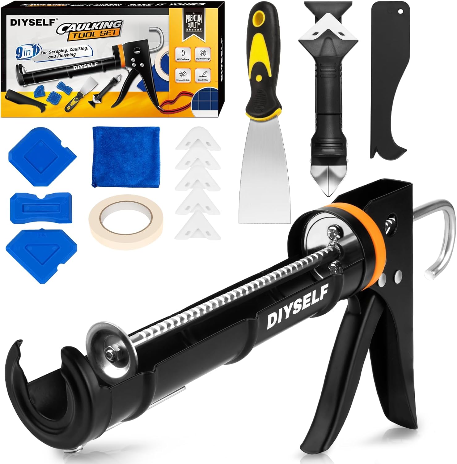 DIYSELF Professional Caulk Gun Kit - Dripless Ergonomic Tool with Remover, Smoother & Scraper for Bathroom, Kitchen & DIY Sealing