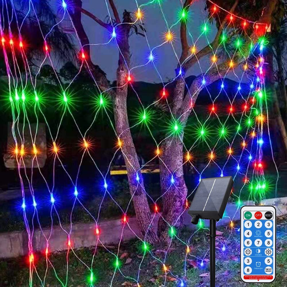 Luci a rete da giardino a rete, 200 luci a LED, 3 m x 2 m, ad energia solare, con telecomando e timer, decorazione per interni ed esterni, per tende, camera da letto, vacanze, Natale