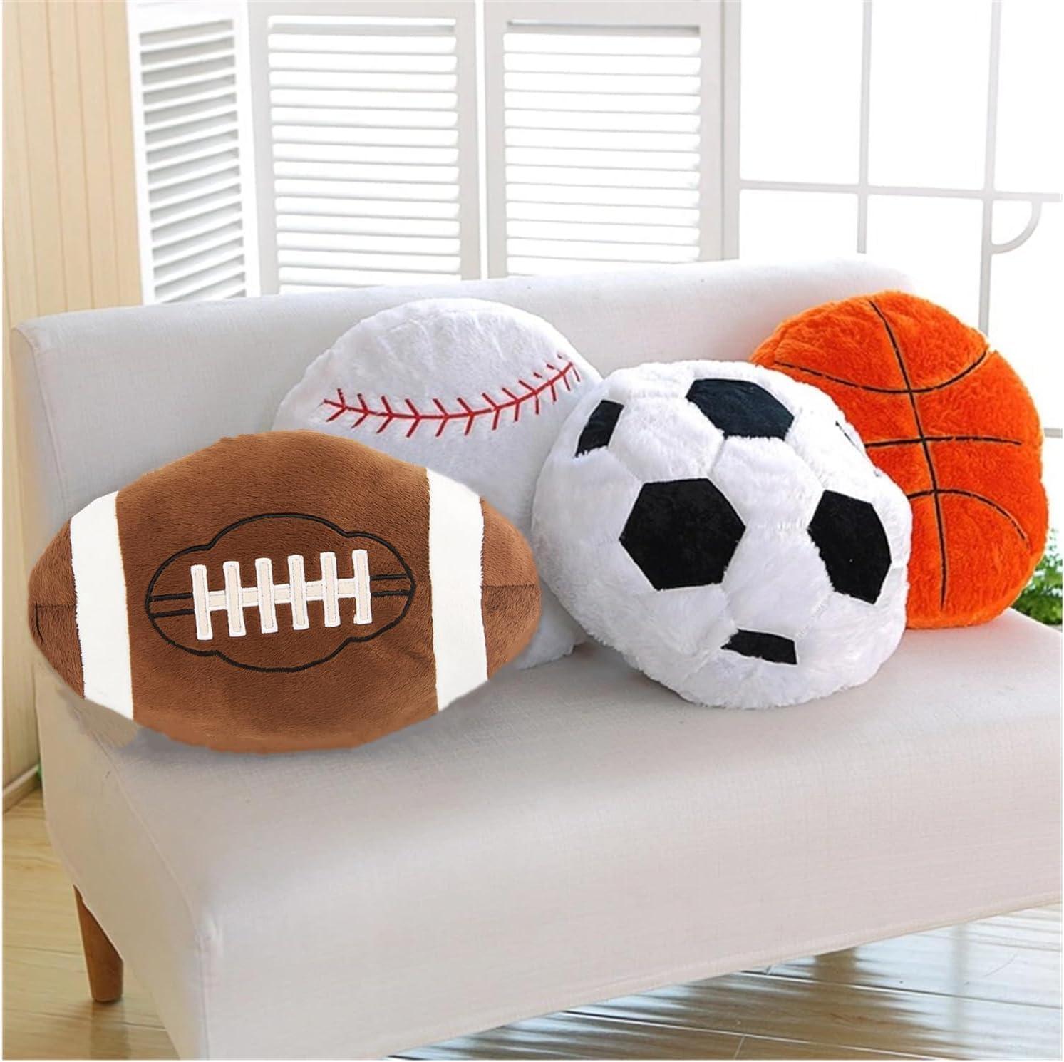 JULAN 4Pcs Sports Pillow Fluffy Soft Throw Pillow Toy,Stuffed Soccer Plush Pillow Sport Baseball Throw Pillow Basketball Plush Toy Football Doll,Sport Theme Cushion Plushies for Kids Room Decoration