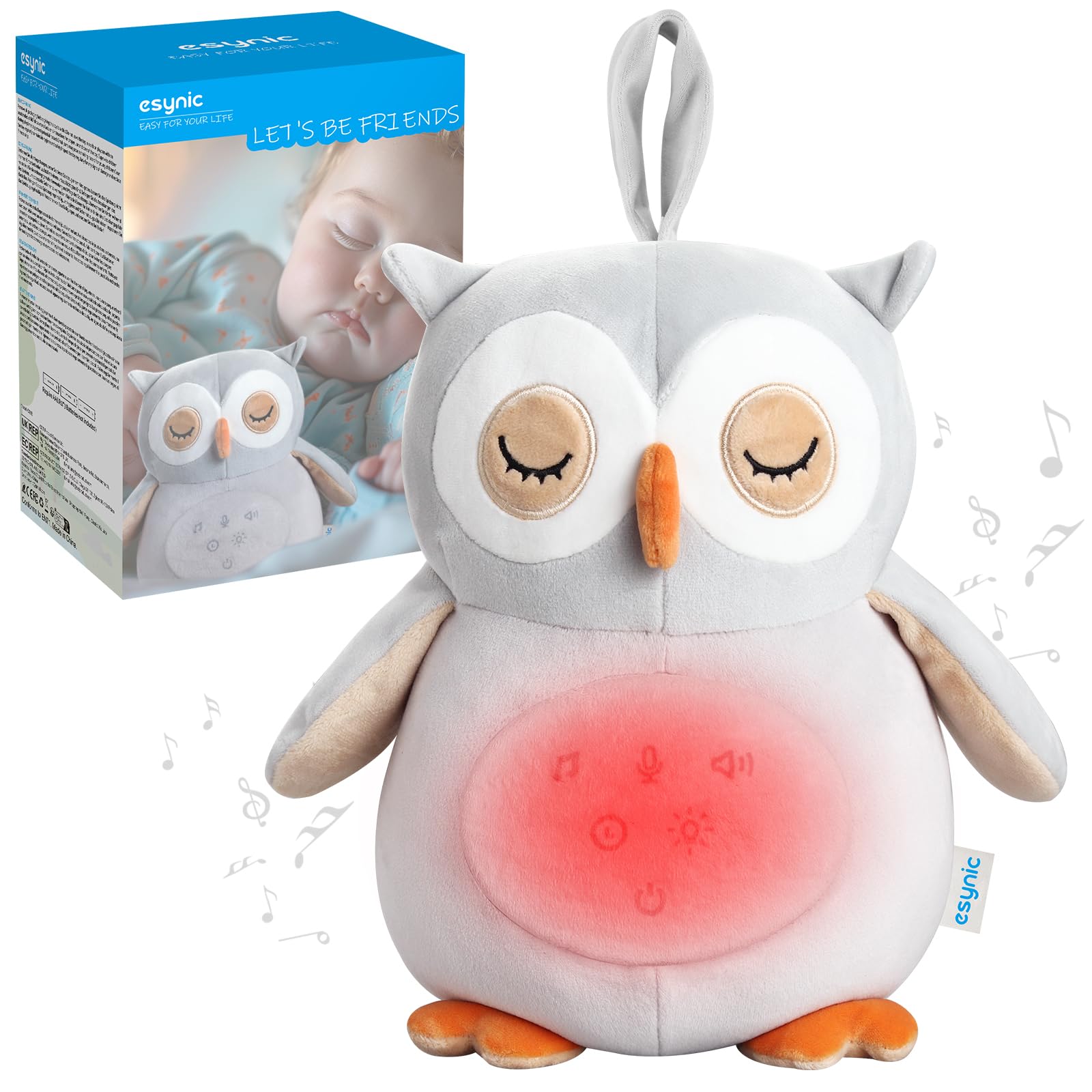 eSynic Peluche Bebé Recien Nacido, Ruido Blanco con 12 Sonidos Relajantes Peluche que Respira con Luz Nocturna Ajustable White Noise Machine con Temporizador Perfecto como Regalo para Bebé