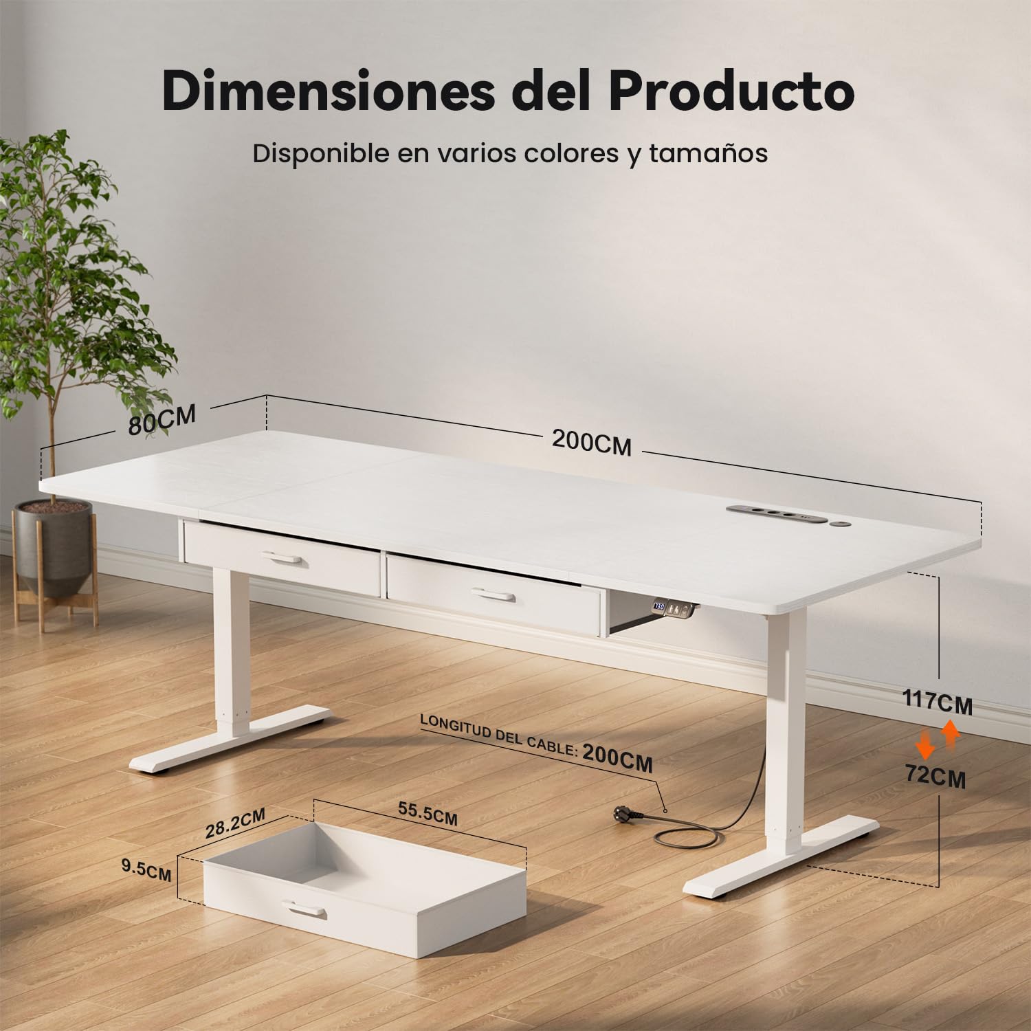 SOLAVERO Escritorio Elevable Electrico 200 x 80 cm, Mesa Escritorio Elevable con Enchufes & Puertos USB-C, Mesa Regulable en Altura con 2 Cajones de Tela, 2 Control Memoria, Standing Desk Blanco