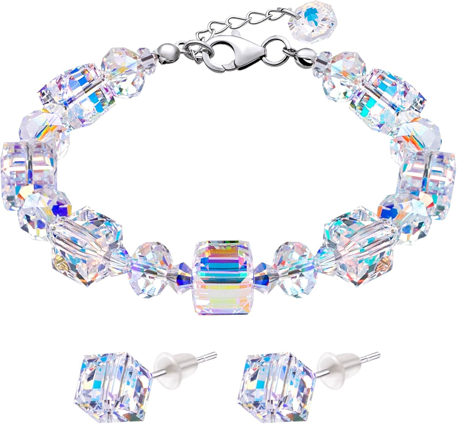 PAGOW Crystal Bracelet and Earrings for Women, Adjustable Crystal Cube Drop Dangle Bracelets and Hypoallergenic Earrings Gifts for Anniversary Christmas Birthday Valentine's Day