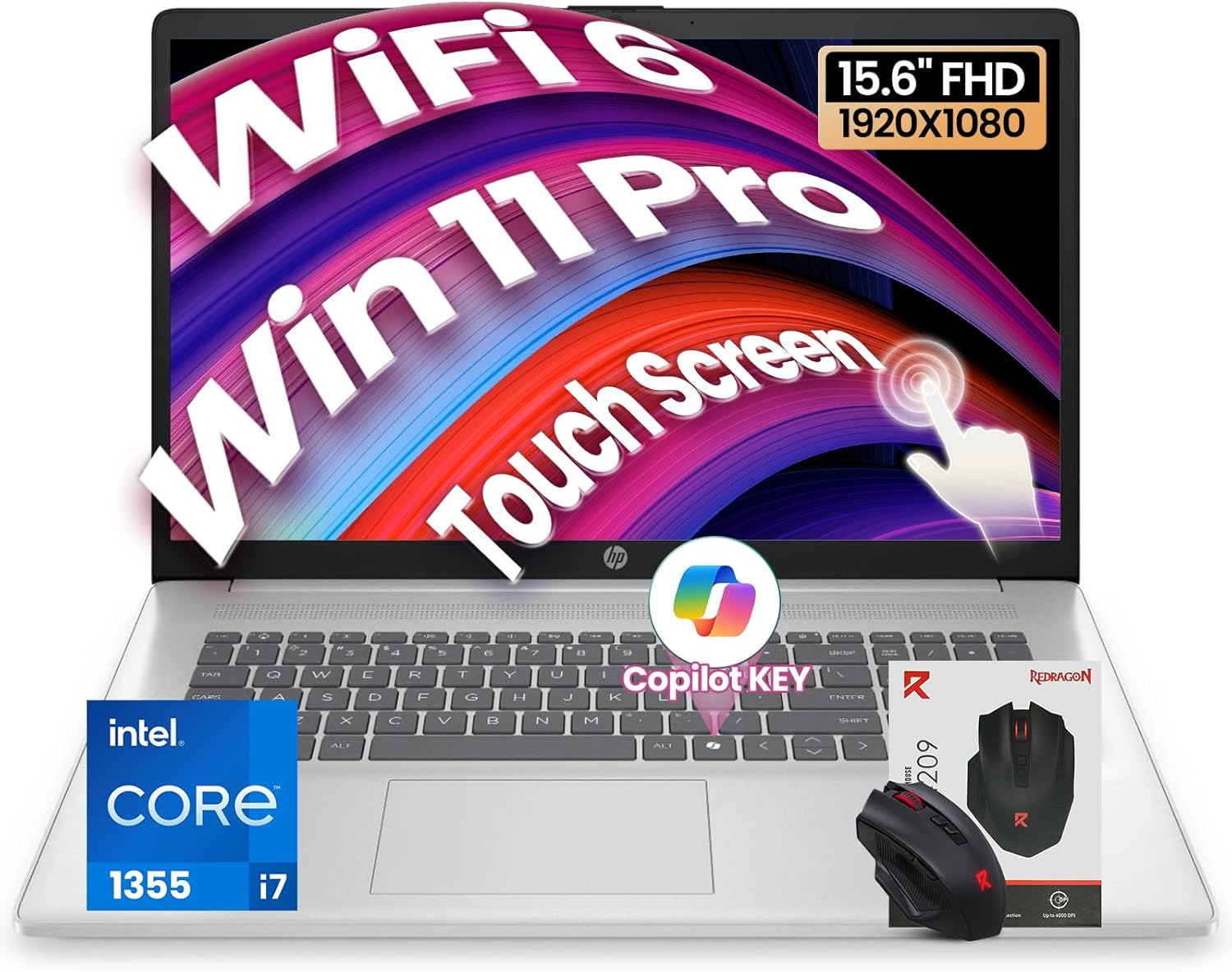 HP Touchscreen Laptop i7 2026, 13th Gen Intel i7-1355U(Beats i7-1255U), 15.6" FHD Display, AI Copilot, Numeric Keypad, Webcam, Windows 11 Pro, WiFi 6 with Accessory(16GB RAM | 512GB SSD)