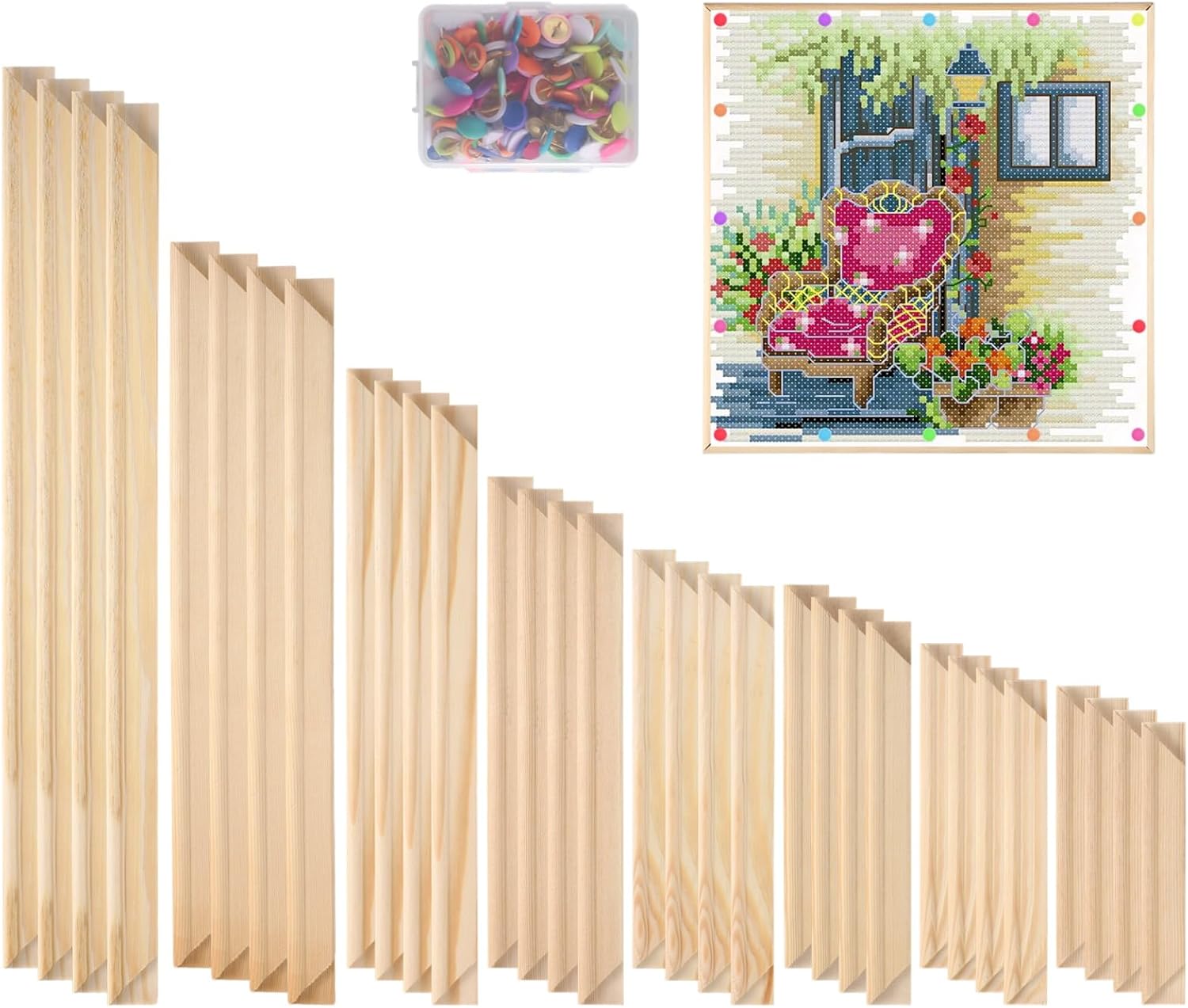 Needlepoint Stretcher Bars for Needlework - 8 Sizes with 100 Pins, Canvas Stretcher Bars, Needlework Art Supplies, Wood Canvas Needlepoint Frames, Easy Assembly, Ideal for Embroidery, Needlework
