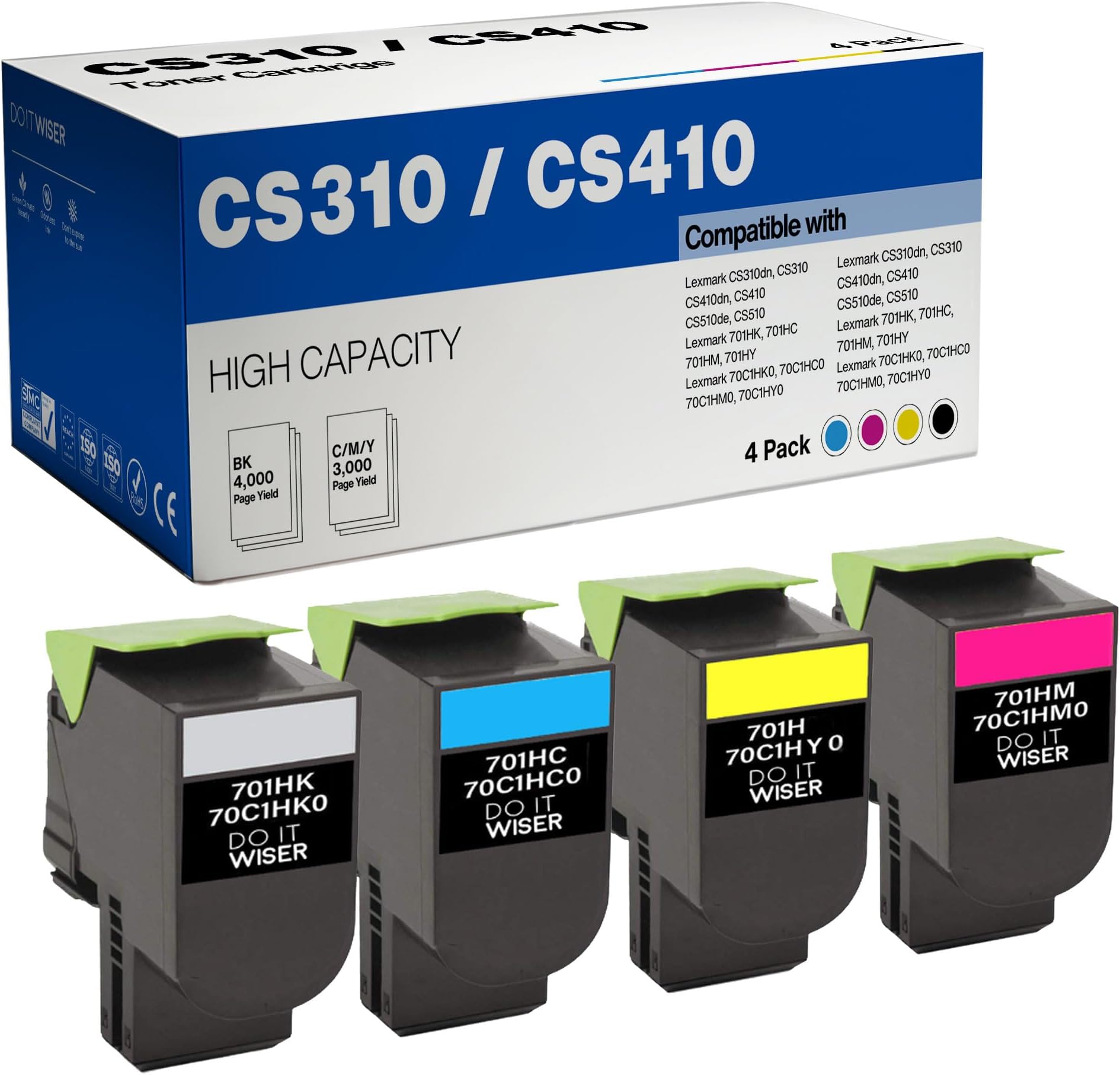 Do it Wiser Compatible Printer Toner Cartridge Replacement for Lexmark CS310dn CS410dn CS310n CS310 CS510de CS410n CS410dtn CS510de - 70C1HK0 70C1HC0 70C1HM0 70C1HY0 (High Yield, 4 Pack)