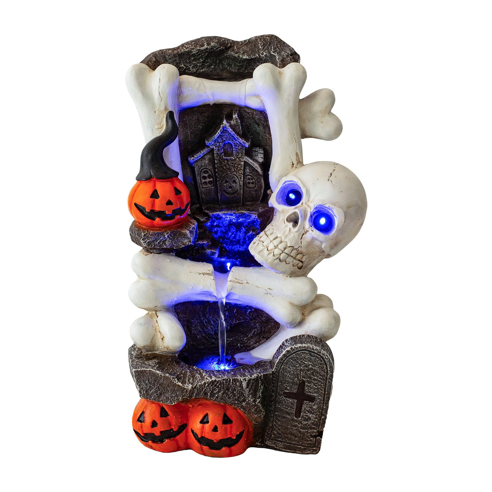 Halloween Water Fountain, 18.3-Inch LED Skull &amp; Pumpkin Head Patio Fountain