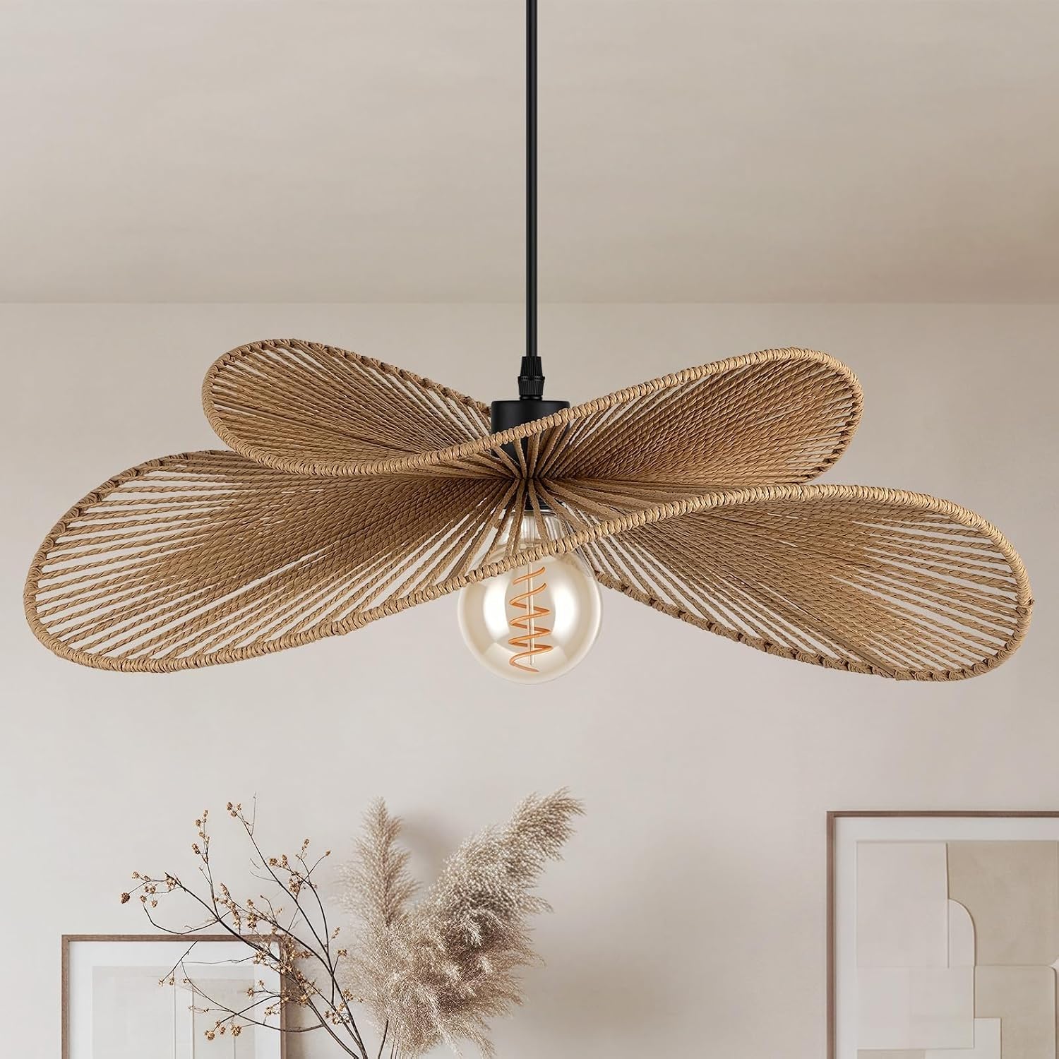 60cm Große Pendelleuchte Boho Rattan Hängeleuchte Handgeflochtene Hängelampe Im Küstenstil Aus Korbgeflecht Pendellampe Mit Natürlichen Wellen Und Zweilagigem Design Für Wohnzimmer Schlafzimmer
